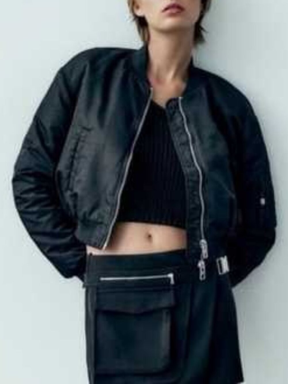 Zara cropped bomber jacket black women's size L